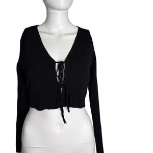 7 For All Mankind Women Small Black Cropped Cardigan Sweater Ribbed Tie Front